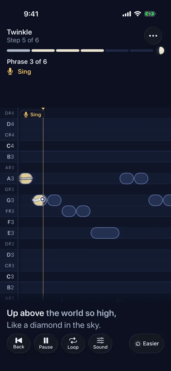 The Sing screen in Croonia: Twinkle, Twinkle, Little Star, phrase 3 of 6. A pitch lane with two notes filled gold where they were sung in tune, the next notes outlined, and the lyric Up above the world so high.
