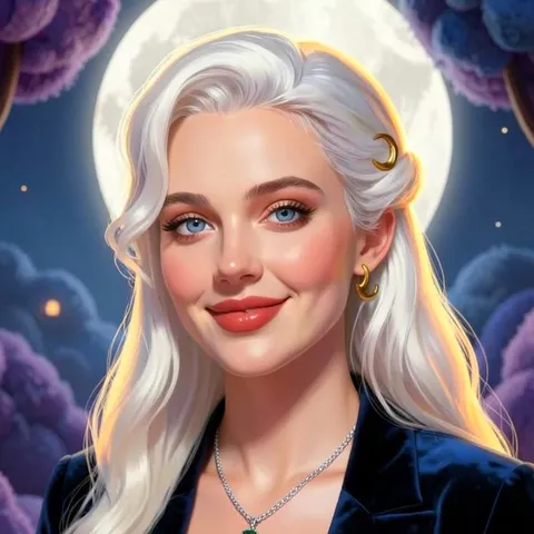 Lyra smiling, with the full moon behind her.