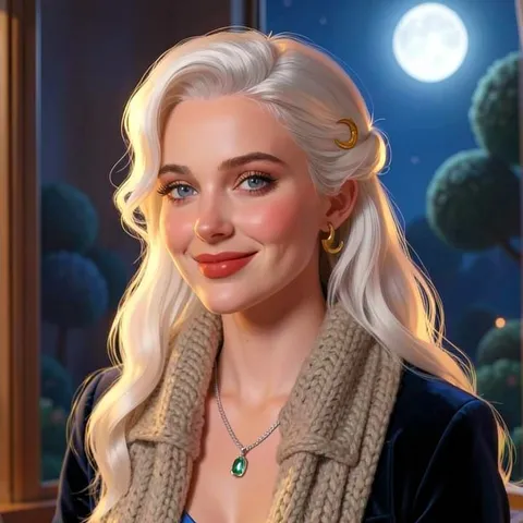 Lyra by a window at night with a mug of tea and a scarf.