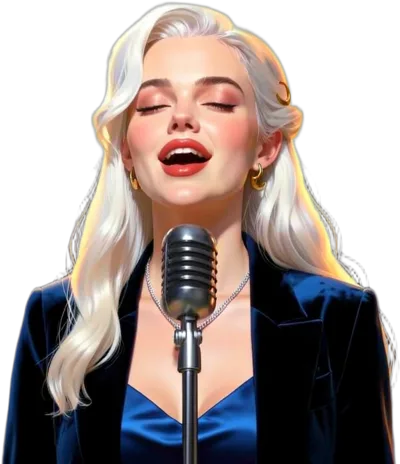 Lyra singing into a microphone on a stand, eyes closed.