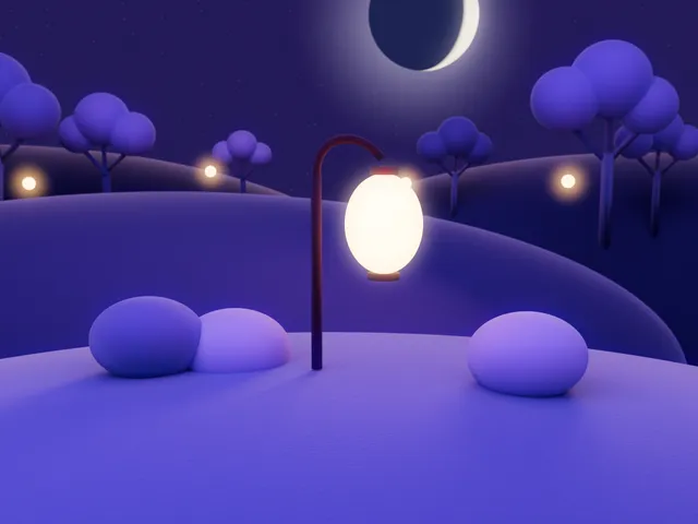 A felt paper lantern glowing on a post on a purple felt hill, under a thin crescent moon.