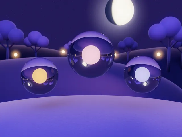 Three glass bubbles floating over a felt hill, each holding a small warm light.