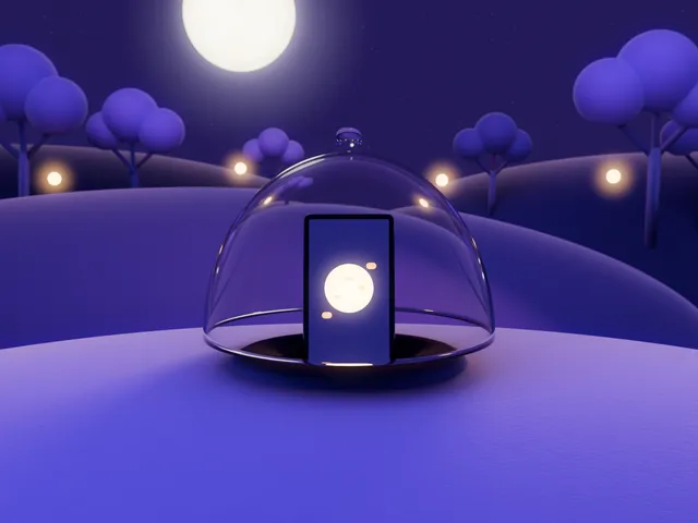 A phone resting in a felt nest under a glass dome, the moon reflected on its screen.