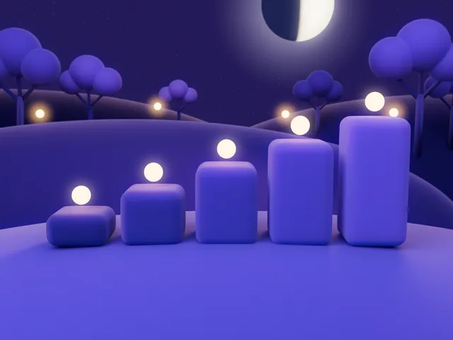 Five felt blocks rising from low to high, each with a glowing gold note on top, under a half moon.