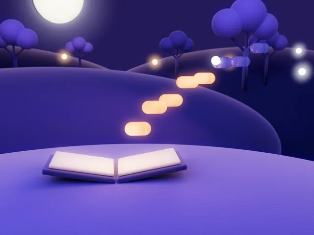 An open felt songbook on a hill, with glowing gold note capsules rising out of it in an arc.