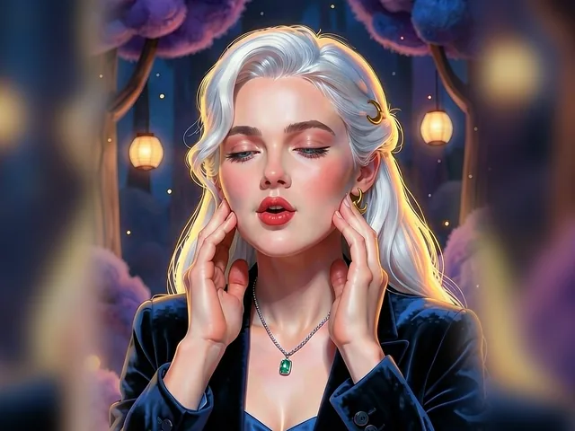 Lyra in the lantern-lit forest, fingertips gently on her jaw, lips rounded on an "oo".